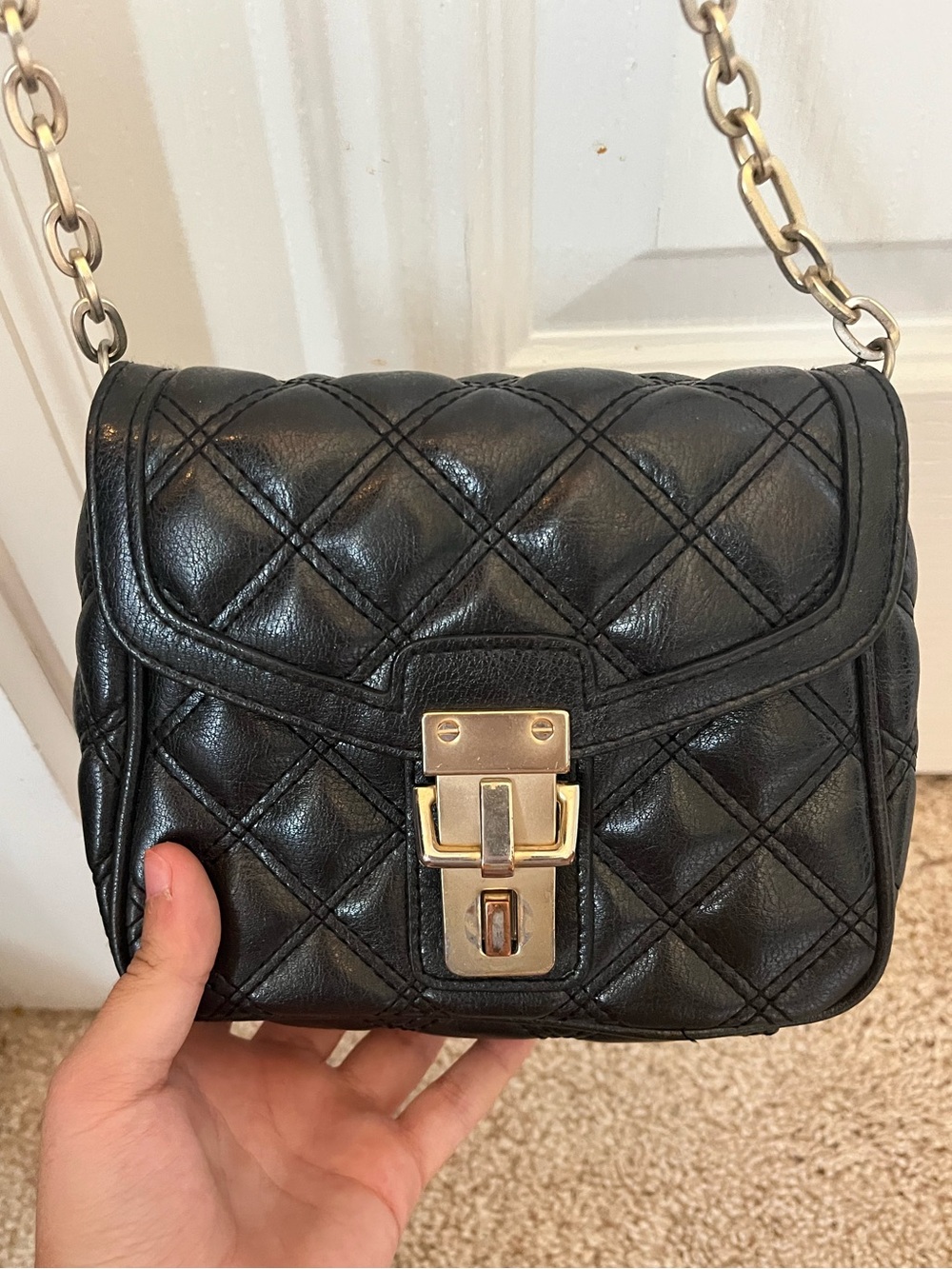 Quilted Black Leather Crossbody Bag with Chain Strap